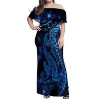 Blue Polynesia Shark Tattoo Off Shoulder Maxi Dress With Polynesian Plumeria - Wonder Print Shop