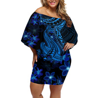 Blue Polynesia Shark Tattoo Off Shoulder Short Dress With Polynesian Plumeria - Wonder Print Shop