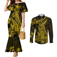 gold-polynesia-shark-tattoo-couples-matching-mermaid-dress-and-long-sleeve-button-shirt-with-polynesian-plumeria