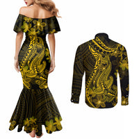 gold-polynesia-shark-tattoo-couples-matching-mermaid-dress-and-long-sleeve-button-shirt-with-polynesian-plumeria
