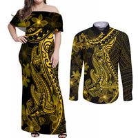 Gold Polynesia Shark Tattoo Couples Matching Off Shoulder Maxi Dress and Long Sleeve Button Shirt With Polynesian Plumeria - Wonder Print Shop