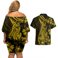 Gold Polynesia Shark Tattoo Couples Matching Off Shoulder Short Dress and Hawaiian Shirt With Polynesian Plumeria - Wonder Print Shop