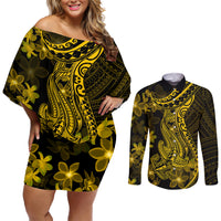 Gold Polynesia Shark Tattoo Couples Matching Off Shoulder Short Dress and Long Sleeve Button Shirt With Polynesian Plumeria - Wonder Print Shop