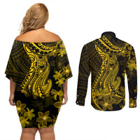 Gold Polynesia Shark Tattoo Couples Matching Off Shoulder Short Dress and Long Sleeve Button Shirt With Polynesian Plumeria - Wonder Print Shop