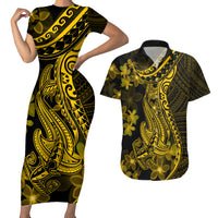 Gold Polynesia Shark Tattoo Couples Matching Short Sleeve Bodycon Dress and Hawaiian Shirt With Polynesian Plumeria - Wonder Print Shop
