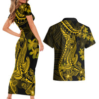 Gold Polynesia Shark Tattoo Couples Matching Short Sleeve Bodycon Dress and Hawaiian Shirt With Polynesian Plumeria - Wonder Print Shop
