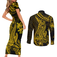 Gold Polynesia Shark Tattoo Couples Matching Short Sleeve Bodycon Dress and Long Sleeve Button Shirt With Polynesian Plumeria - Wonder Print Shop