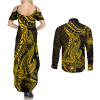 Gold Polynesia Shark Tattoo Couples Matching Summer Maxi Dress and Long Sleeve Button Shirt With Polynesian Plumeria - Wonder Print Shop