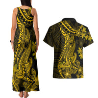 Gold Polynesia Shark Tattoo Couples Matching Tank Maxi Dress and Hawaiian Shirt With Polynesian Plumeria - Wonder Print Shop