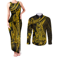 Gold Polynesia Shark Tattoo Couples Matching Tank Maxi Dress and Long Sleeve Button Shirt With Polynesian Plumeria - Wonder Print Shop