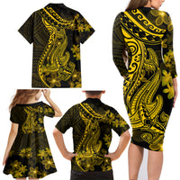 Gold Polynesia Shark Tattoo Family Matching Long Sleeve Bodycon Dress and Hawaiian Shirt With Polynesian Plumeria - Wonder Print Shop