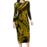 Gold Polynesia Shark Tattoo Family Matching Long Sleeve Bodycon Dress and Hawaiian Shirt With Polynesian Plumeria - Wonder Print Shop