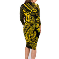 Gold Polynesia Shark Tattoo Family Matching Long Sleeve Bodycon Dress and Hawaiian Shirt With Polynesian Plumeria - Wonder Print Shop