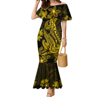 Gold Polynesia Shark Tattoo Family Matching Mermaid Dress and Hawaiian Shirt With Polynesian Plumeria - Wonder Print Shop