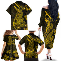 Gold Polynesia Shark Tattoo Family Matching Off Shoulder Long Sleeve Dress and Hawaiian Shirt With Polynesian Plumeria - Wonder Print Shop