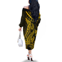 Gold Polynesia Shark Tattoo Family Matching Off Shoulder Long Sleeve Dress and Hawaiian Shirt With Polynesian Plumeria - Wonder Print Shop