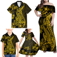 Gold Polynesia Shark Tattoo Family Matching Off Shoulder Maxi Dress and Hawaiian Shirt With Polynesian Plumeria - Wonder Print Shop
