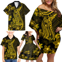 Gold Polynesia Shark Tattoo Family Matching Off Shoulder Short Dress and Hawaiian Shirt With Polynesian Plumeria - Wonder Print Shop