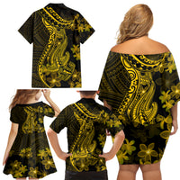 Gold Polynesia Shark Tattoo Family Matching Off Shoulder Short Dress and Hawaiian Shirt With Polynesian Plumeria - Wonder Print Shop