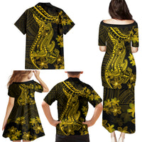 Gold Polynesia Shark Tattoo Family Matching Puletasi Dress and Hawaiian Shirt With Polynesian Plumeria - Wonder Print Shop