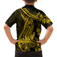 Gold Polynesia Shark Tattoo Family Matching Short Sleeve Bodycon Dress and Hawaiian Shirt With Polynesian Plumeria - Wonder Print Shop