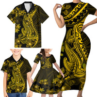 Gold Polynesia Shark Tattoo Family Matching Short Sleeve Bodycon Dress and Hawaiian Shirt With Polynesian Plumeria - Wonder Print Shop