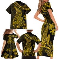 Gold Polynesia Shark Tattoo Family Matching Short Sleeve Bodycon Dress and Hawaiian Shirt With Polynesian Plumeria - Wonder Print Shop