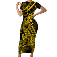 Gold Polynesia Shark Tattoo Family Matching Short Sleeve Bodycon Dress and Hawaiian Shirt With Polynesian Plumeria - Wonder Print Shop
