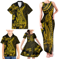 Gold Polynesia Shark Tattoo Family Matching Tank Maxi Dress and Hawaiian Shirt With Polynesian Plumeria - Wonder Print Shop