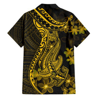 Black Hawaiian shirt, gold shark tattoo graphic and plumeria on back view