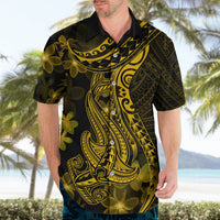 Black button-up Hawaiian shirt with gold shark and plumeria pattern, camp collar