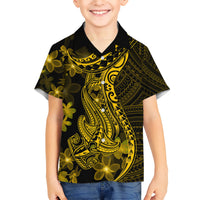 Gold Polynesia Shark Tattoo Kid Hawaiian Shirt With Polynesian Plumeria - Wonder Print Shop