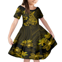 Gold Polynesia Shark Tattoo Kid Short Sleeve Dress With Polynesian Plumeria - Wonder Print Shop