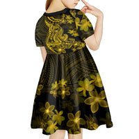 Gold Polynesia Shark Tattoo Kid Short Sleeve Dress With Polynesian Plumeria - Wonder Print Shop