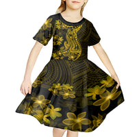 Gold Polynesia Shark Tattoo Kid Short Sleeve Dress With Polynesian Plumeria - Wonder Print Shop