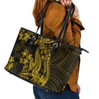 Gold Polynesia Shark Tattoo Leather Tote Bag With Polynesian Plumeria - Wonder Print Shop