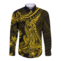 Gold Polynesia Shark Tattoo Long Sleeve Button Shirt With Polynesian Plumeria - Wonder Print Shop