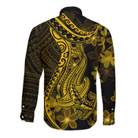Gold Polynesia Shark Tattoo Long Sleeve Button Shirt With Polynesian Plumeria - Wonder Print Shop