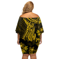 Gold Polynesia Shark Tattoo Off Shoulder Short Dress With Polynesian Plumeria - Wonder Print Shop