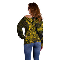 Gold Polynesia Shark Tattoo Off Shoulder Sweater With Polynesian Plumeria - Wonder Print Shop