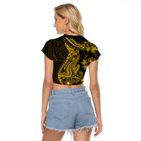 Gold Polynesia Shark Tattoo Raglan Cropped T Shirt With Polynesian Plumeria - Wonder Print Shop