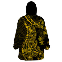 Gold Polynesia Shark Tattoo Wearable Blanket Hoodie With Polynesian Plumeria - Wonder Print Shop