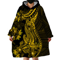Gold Polynesia Shark Tattoo Wearable Blanket Hoodie With Polynesian Plumeria - Wonder Print Shop