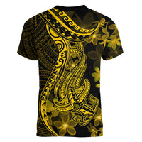 Gold Polynesia Shark Tattoo Women V Neck T Shirt With Polynesian Plumeria - Wonder Print Shop