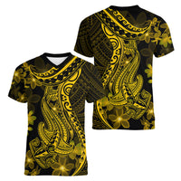 Gold Polynesia Shark Tattoo Women V Neck T Shirt With Polynesian Plumeria - Wonder Print Shop
