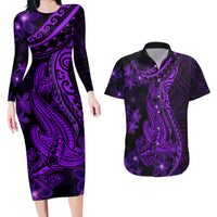 Purple Polynesia Shark Tattoo Couples Matching Long Sleeve Bodycon Dress and Hawaiian Shirt With Polynesian Plumeria - Wonder Print Shop
