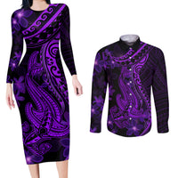 Purple Polynesia Shark Tattoo Couples Matching Long Sleeve Bodycon Dress and Long Sleeve Button Shirt With Polynesian Plumeria - Wonder Print Shop