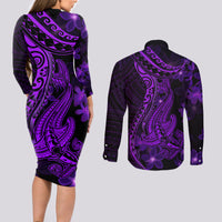 Purple Polynesia Shark Tattoo Couples Matching Long Sleeve Bodycon Dress and Long Sleeve Button Shirt With Polynesian Plumeria - Wonder Print Shop