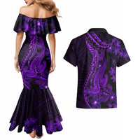 Purple Polynesia Shark Tattoo Couples Matching Mermaid Dress and Hawaiian Shirt With Polynesian Plumeria - Wonder Print Shop