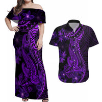 Purple Polynesia Shark Tattoo Couples Matching Off Shoulder Maxi Dress and Hawaiian Shirt With Polynesian Plumeria - Wonder Print Shop